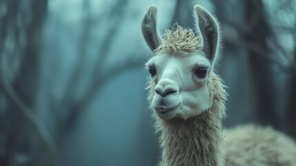 Close-up Portrait of Llama Head with Misty Forest Background Scene