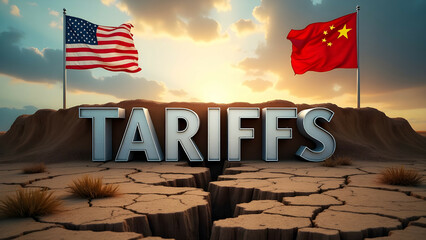 Trade War Concept with USA and China Flags and Cracked Earth Tariffs Text