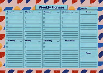 Structured horizontal weekly planner with checklist format, goal-setting, and focus sections on a vibrant abstract geometric background in retro Memphis style. Ideal for organizing work time and day.