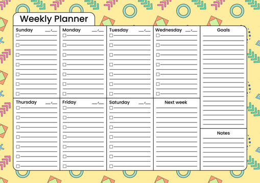 Bright horizontal weekly planner template with to-do lists, goals, and notes section, featuring a fun abstract geometric background. Perfect for organizing your work time, tasks, and day.