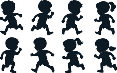Silhouette of Children Running in Various Energetic Poses for Play, Sports, and Active Lifestyle Design Elements