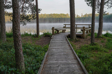 Wooden footbridge to the viewing platform by the lake
