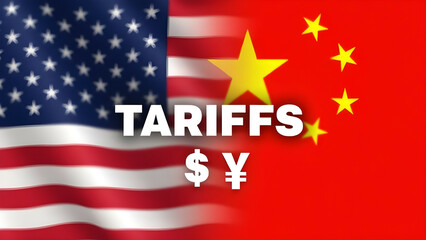Modern Infographic of USA and China Flags with Tariffs and Currency Symbols