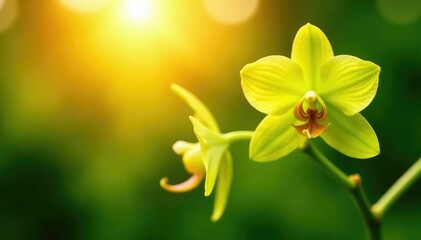 Green dendrobium orchid blossoms against a warm sunlit background, dendrobium orchid, plant life, flora