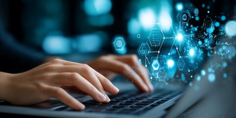 Hands typing on laptop, digital interface