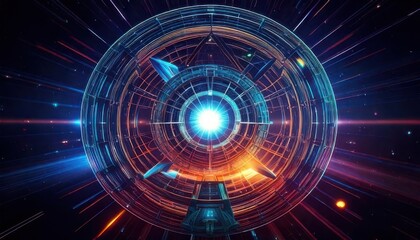 Futuristic portal with glowing light and spaceship entering portal