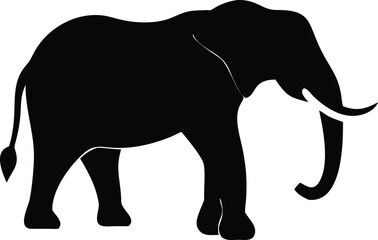 Fototapeta premium Black silhouette of an elephant with trunk raised, isolated on white background, vector graphic for design projects. 