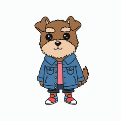 Trendy cartoon dog in a denim jacket, shorts, and sneakers with a friendly expression.