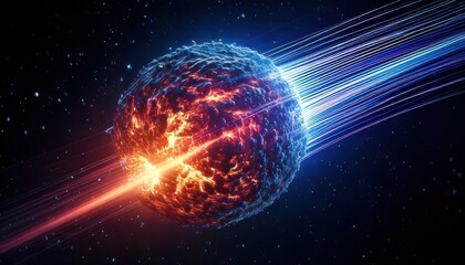 Futuristic planet being hit by energy stream in outer space scene