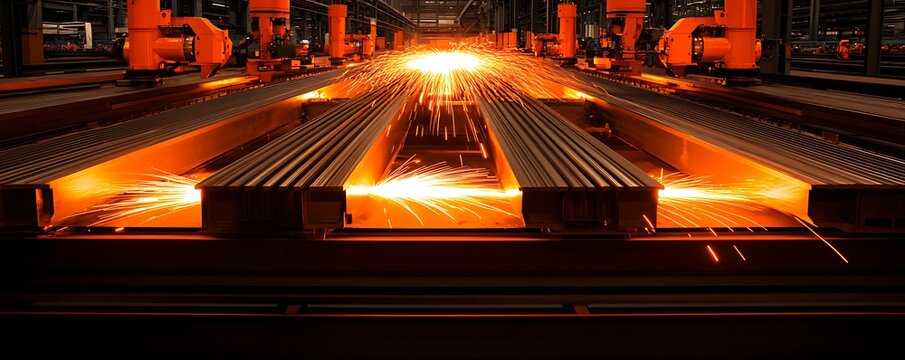 Robotic arms are actively welding metal beams with bright sparks