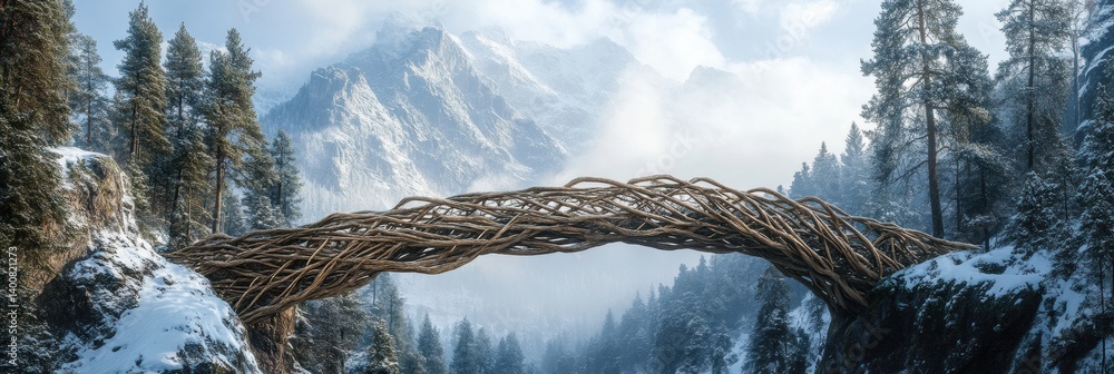 Poster creative bridge made of intertwined pine trees crosses snowy peaks, showcasing unity with nature in 