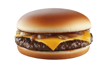 A classic cheeseburger featuring a toasted brioche bun, melted cheese, caramelized onions, and a perfectly cooked beef patty