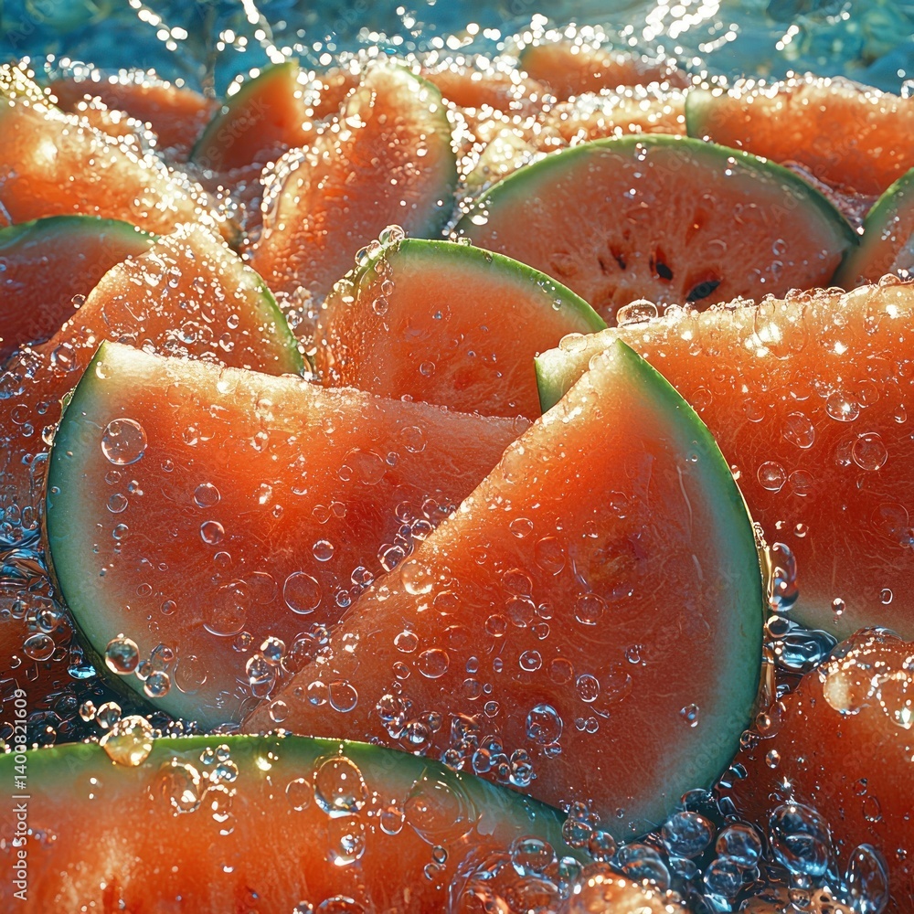 Poster refreshing watermelon slices submerged in cool water with sparkling bubbles