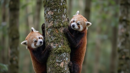 Charming red pandas frolicking in an ancient bamboo grove showcasing vibrant fur and endearing expressions in a playful wildlife scene