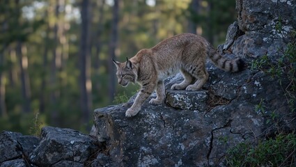 Majestic lynx prowling rocky forest terrain exuding wild grace and keen awareness in gentle light