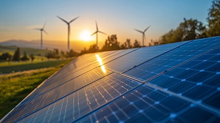 Solar panels and wind turbines in a field at sunset generating renewable energy.