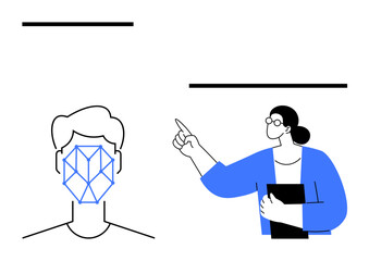 Woman pointing at a geometric face pattern illustrating facial recognition principles. Ideal for technology, AI, innovation, security, biometrics, education, or data privacy flat simple metaphor