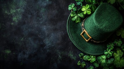 The green velvet hat of the leprekon with a gold buckle lies on a dark textured background surrounded by fresh clover leaves.