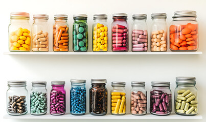 collection of modern vitamin, supplement, and pharmaceutical illustrations, showcasing production, packaging, usage, and health benefits for commercial and educational use.