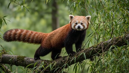 Adorable red panda sitting on mossy branch in vibrant bamboo forest eyes full of curiosity