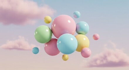April Fool's Day Pastel Spheres Floating in Clouds - Playful pastel spheres float amidst dreamy clouds, symbolizing fun, lightheartedness, surprise, mischief, and the spirit of April Fool's Day