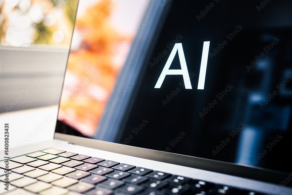 Fototapete AI content with computer. Generate design, software code, image or text with artificial intelligence tool in laptop. Creative marketing generator and machine learning technology at work or home.