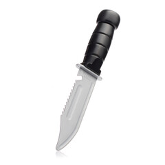 A plastic toy knife with a black handle on a white background. Children's military dagger for games.