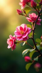 Obraz premium Les fleurs roses s'agitent dans les branches d'un arbre ensoleill? avec une lumi?re dor?e, fleurs, floral, verdure