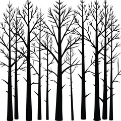 Black Silhouettes of Bare Trees in a Dense Forest Illustration
