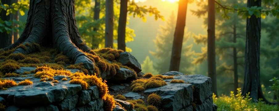 Lichen-covered rocks in the forest with golden light, rock, tree, landscape