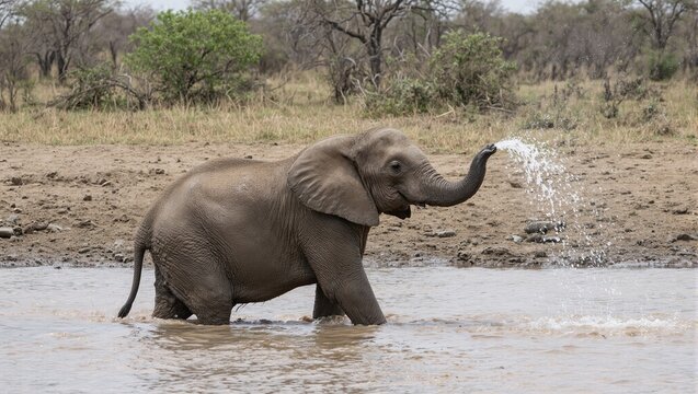 Adorable baby elephant spraying water in a muddy riverbed surrounded by acacia trees on the African savanna