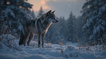 Obraz premium Majestic gray wolf in snowy twilight forest a scene of mystical beauty with softly falling snowflakes