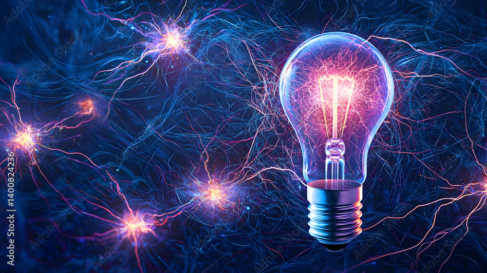 Poster glowing lightbulb on abstract network background
