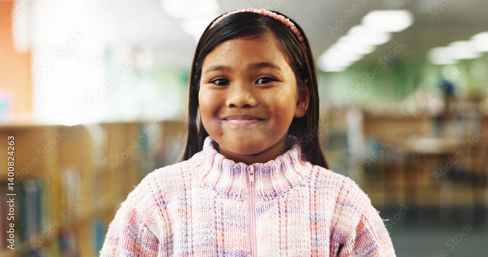 Poster happy, education and portrait of child in library for learning, studying or development with literat