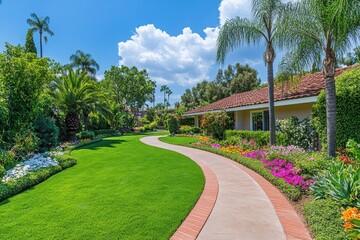 Obraz premium Landscaped yard with winding path leading to a house under a sunny sky with fluffy white clouds