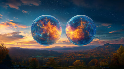 Glowing Spheres Over Autumn Landscape At Sunset
