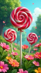 Lollipop garden with tall lollipops and flowers, sweet, candy