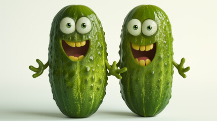 Green crazy smiling cucumber or gherkin funny 3d characters, fun tasty pickle decoration with eyes, teeth, tongue, arms and hands. Amusing little quirky pickles illustration for humor on food blog    