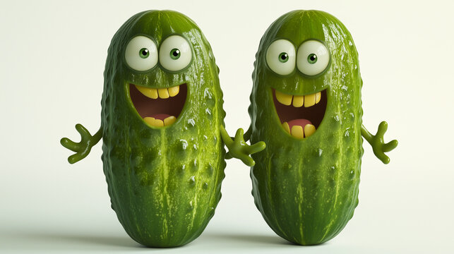 Green crazy smiling cucumber or gherkin funny 3d characters, fun tasty pickle decoration with eyes, teeth, tongue, arms and hands. Amusing little quirky pickles illustration for humor on food blog    