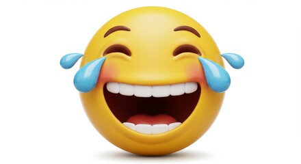 Laughing Emoji Tears of Joy - A 3D of a yellow laughing emoji with tears of joy, isolated on a white background. Perfect for expressing happiness and amusement