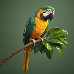 Obraz premium A vibrant parrot perched on a branch, showcasing bright yellow, green, and blue feathers against a solid green background.