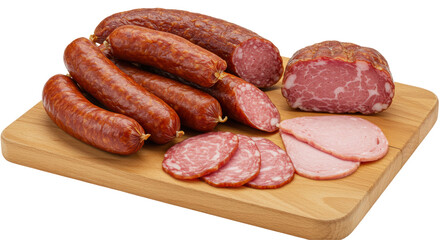 Isolated assortment of sausages on cutting board