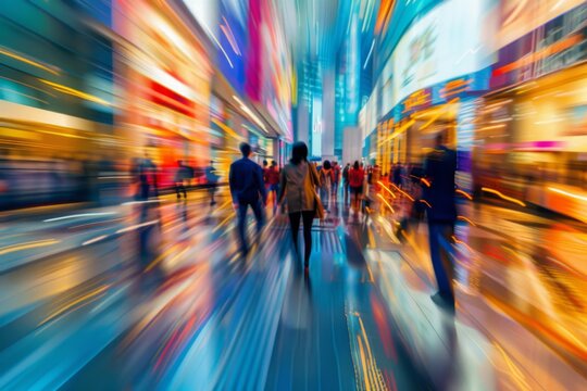 Abstract blur image of Business people walking at modern hallway with bokeh for background usage