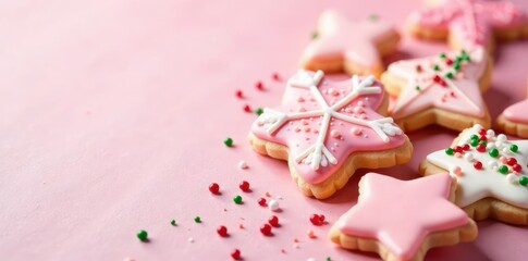Pink Christmas cookies with red and green sprinkles on a white pink background, dessert decorating, pink christmas cookies