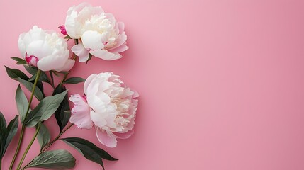 Fototapeta premium Beautiful peonies with lush green leaves against a soft pink backdrop creating a vibrant floral display