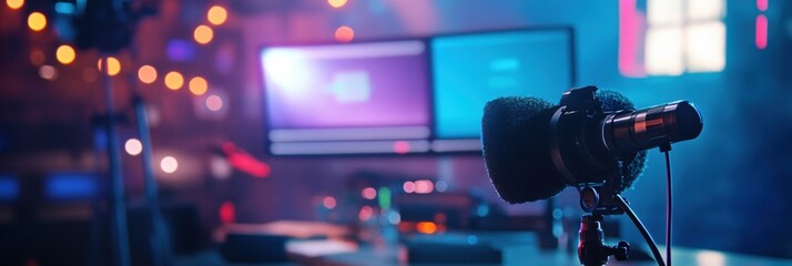 Live broadcast setup featuring microphone, countdown timer, and breaking news banner in a studio environment