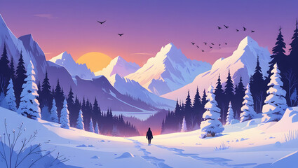 Winter Sunset Landscape &ndash; Semi-Flat Digital Illustration with Snowy Mountains and Pine Trees