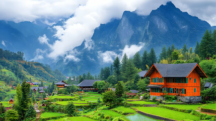 Obraz premium Scenic Mountain Village Featuring Lush Green Terraced Fields and Traditional Orange Wooden Houses Under a Cloudy Sky