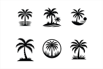 Tropical palm tree silhouette icon set with island, beach, and sunset themes in black vector style
