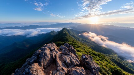 Fototapeta premium Sunrise panorama from mountain summit
